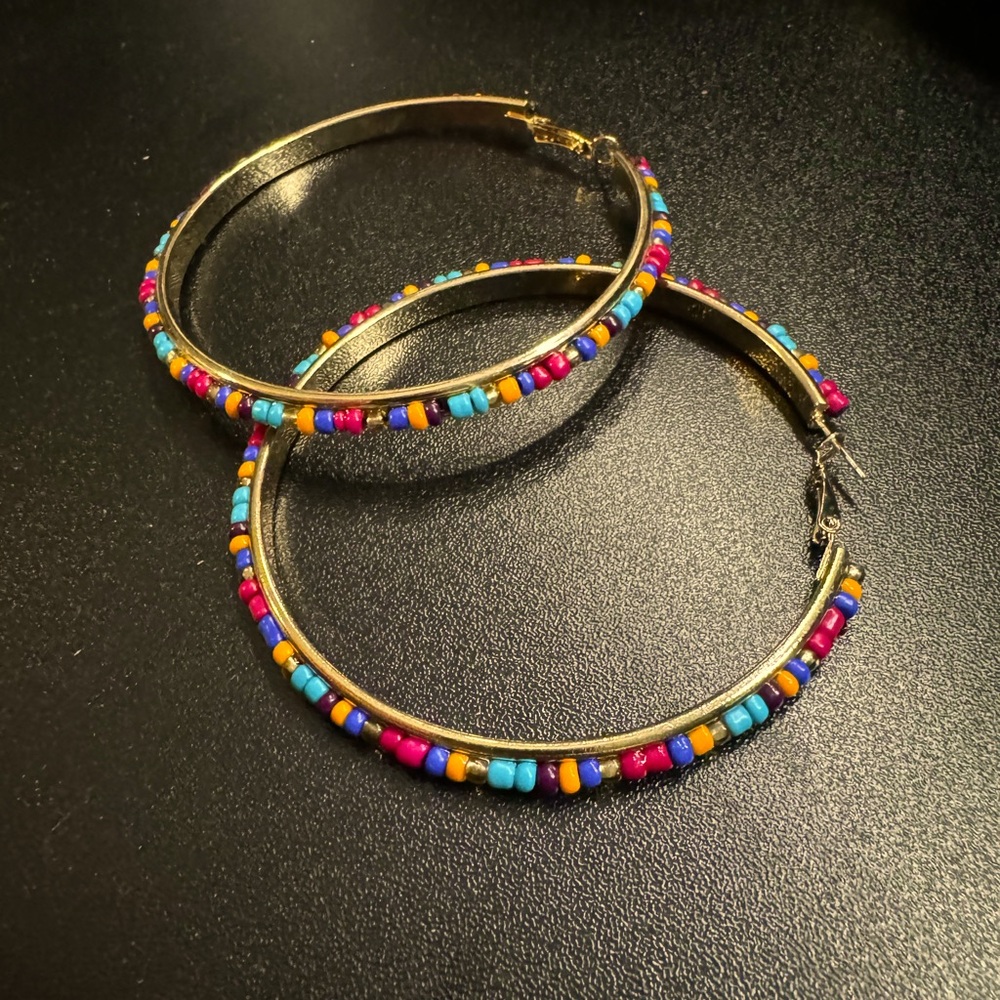Beaded, Colorful, Boho Chic - Gold Hoop Earrings